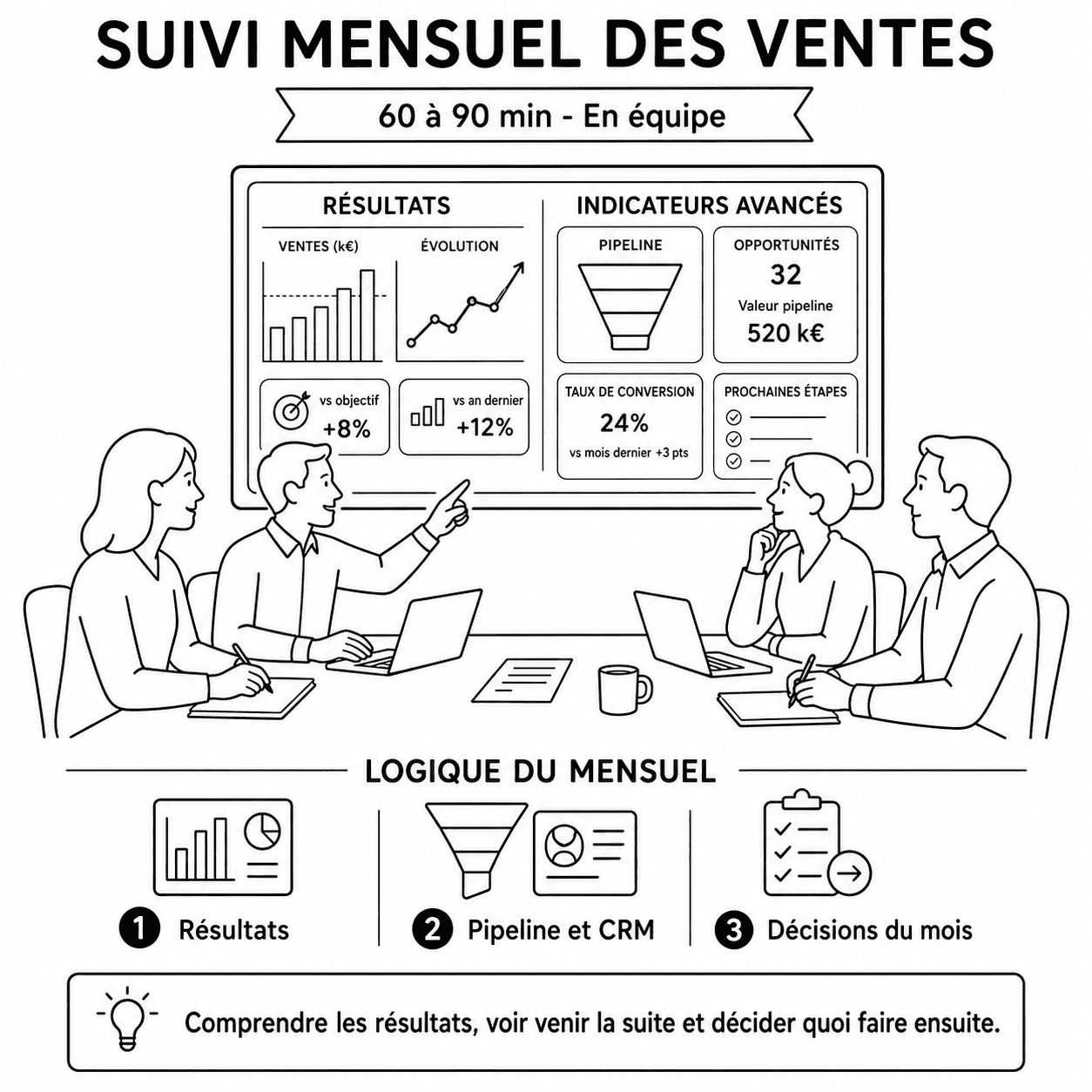 Suivi mensuel des ventes : comprendre les résultats, apprendre ensemble et décider quoi faire ensuite
